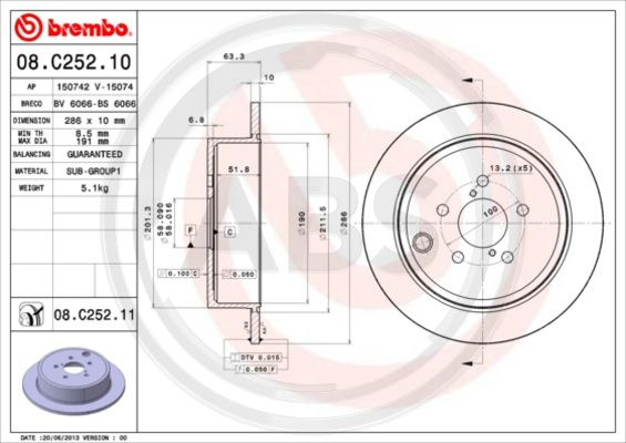 Disc frana puntea spate (08C25211 ABS) SUBARU,TOYOTA