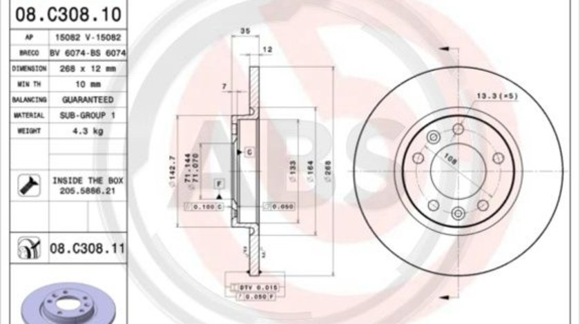 Disc frana puntea spate (08C30811 ABS) Citroen,DS,OPEL,PEUGEOT,PEUGEOT (DF-PSA),TOYOTA,VAUXHALL