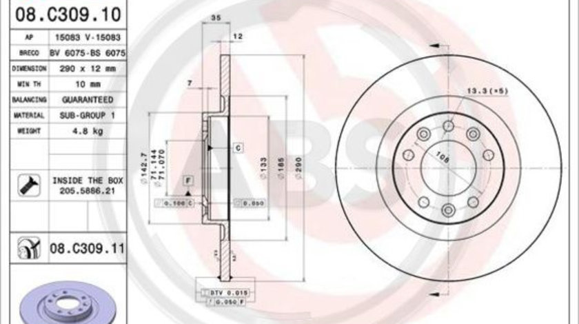 Disc frana puntea spate (08C30911 ABS) Citroen,DS,OPEL,PEUGEOT,TOYOTA,VAUXHALL