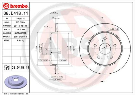 Disc frana puntea spate (08D41811 ABS) LEXUS,TOYOTA