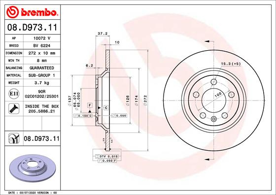 Disc frana puntea spate (08D97311 BREMBO) AUDI,VW