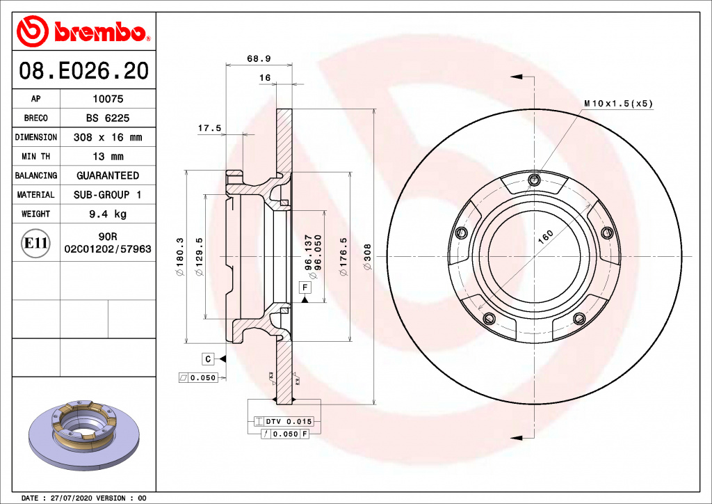 Disc frana puntea spate (08E02620 BREMBO) FORD