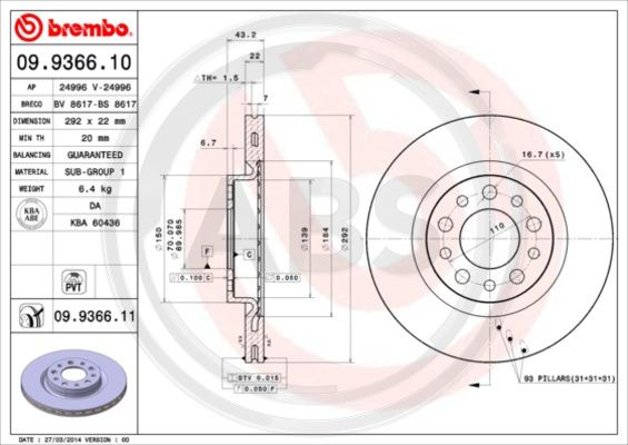 Disc frana puntea spate (09936611 ABS) ALFA ROMEO