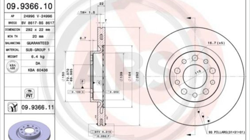 Disc frana puntea spate (09936611 ABS) ALFA ROMEO