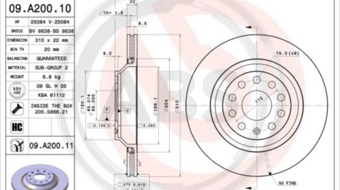 Disc frana puntea spate (09A20011 ABS) AUDI,AUDI (FAW),CHRYSLER,CUPRA,SEAT,SKODA,VW,VW (FAW),VW (SVW)