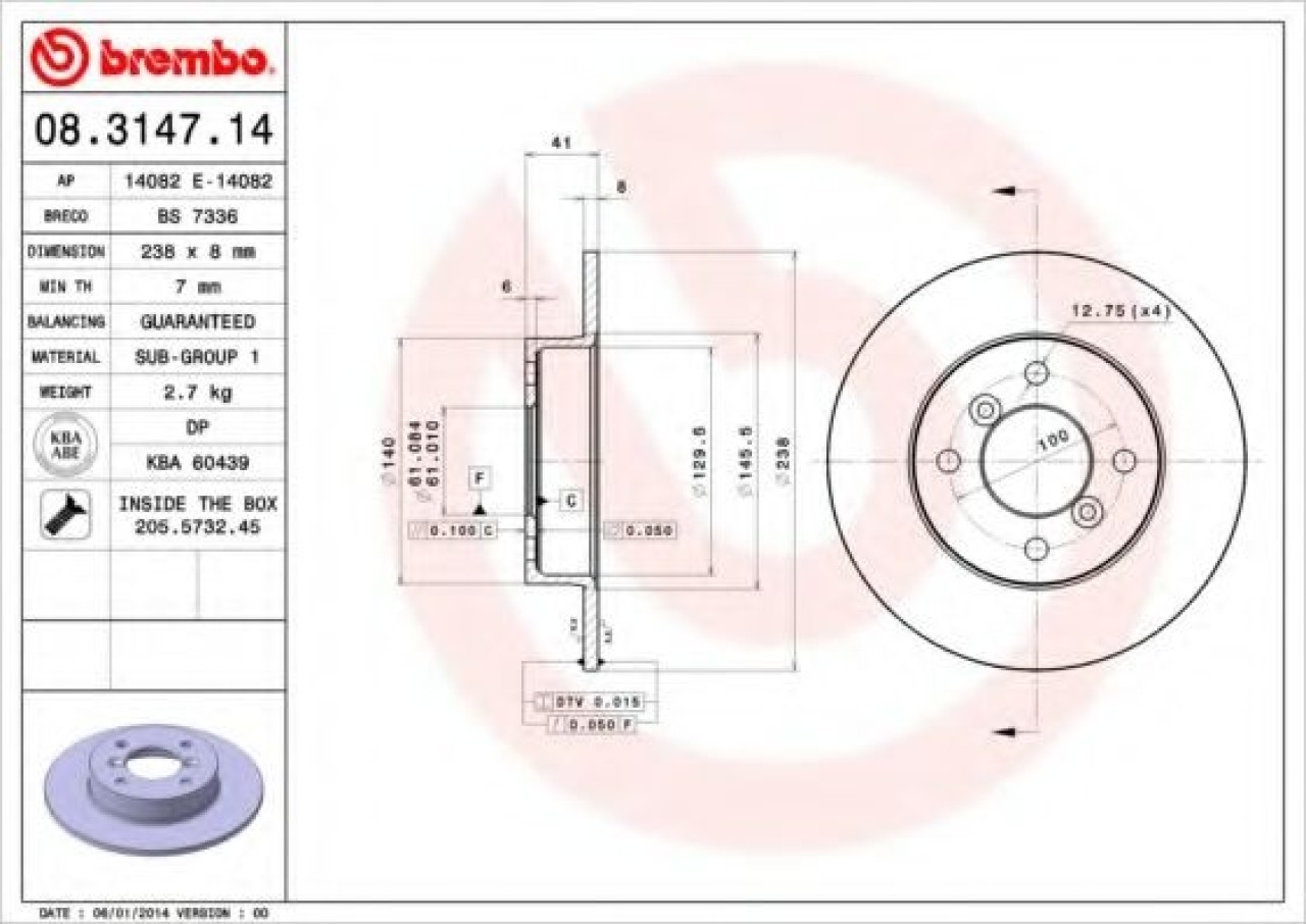 Disc frana RENAULT CLIO I (B/C57, 5/357) (1990 - 1998) BREMBO 08.3147.14 piesa NOUA