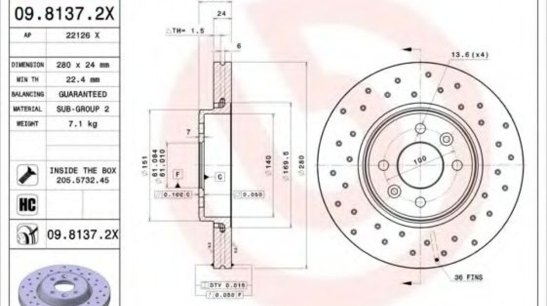 Disc frana RENAULT CLIO II (BB0/1/2, CB0/1/2) (1998 - 2005) BREMBO 09.8137.2X piesa NOUA