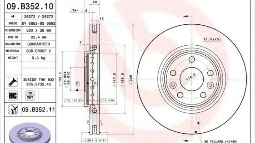 Disc frana RENAULT ESPACE V (2015 - 2016) BREMBO 09.B352.11 piesa NOUA