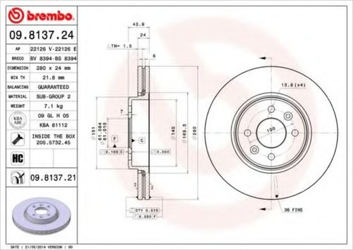 Disc frana RENAULT GRAND SCENIC II (JM0/1) (2004 - 2016) BREMBO 09.8137.21 piesa NOUA