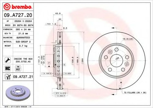Disc frana RENAULT KANGOO BE BOP (KW0/1) (2009 - 2016) BREMBO 09.A727.21 piesa NOUA