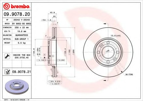 Disc frana RENAULT KANGOO BE BOP (KW0/1) (2009 - 2016) BREMBO 09.9078.20 piesa NOUA