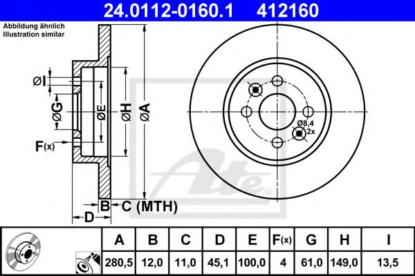 Disc frana RENAULT KANGOO (KC0/1) (1997 - 2007) ATE 24.0112-0160.1 piesa NOUA