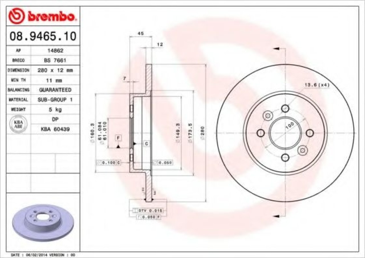 Disc frana RENAULT KANGOO (KC0/1) (1997 - 2007) BREMBO 08.9465.10 piesa NOUA