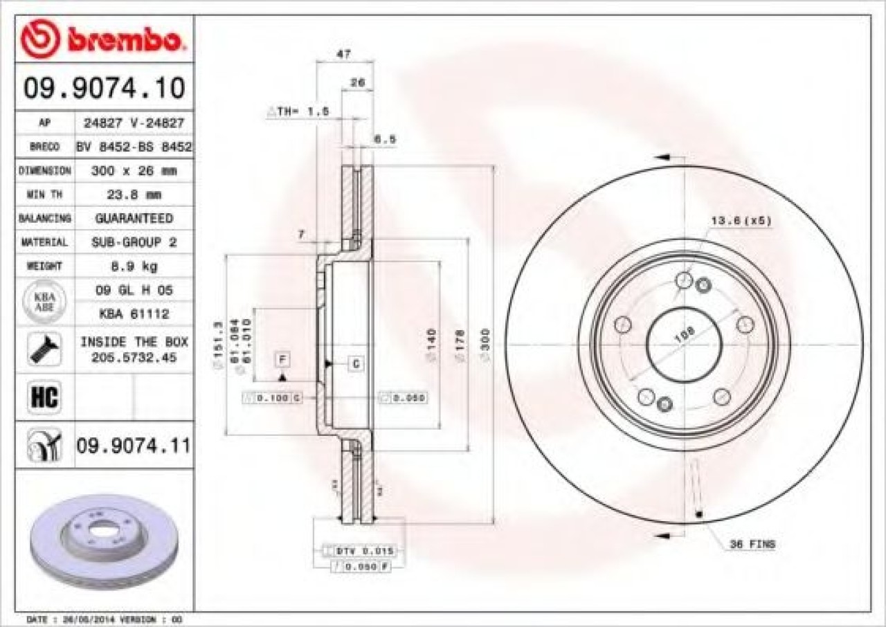Disc frana RENAULT LAGUNA II (BG0/1) (2001 - 2016) BREMBO 09.9074.11 piesa NOUA