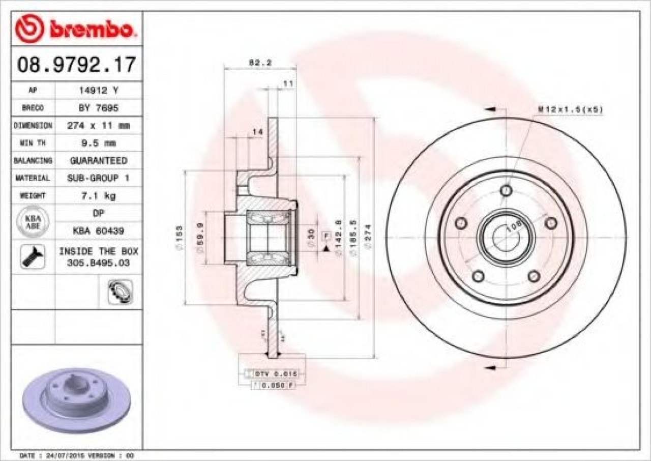 Disc frana RENAULT LAGUNA II (BG0/1) (2001 - 2016) BREMBO 08.9792.17 piesa NOUA