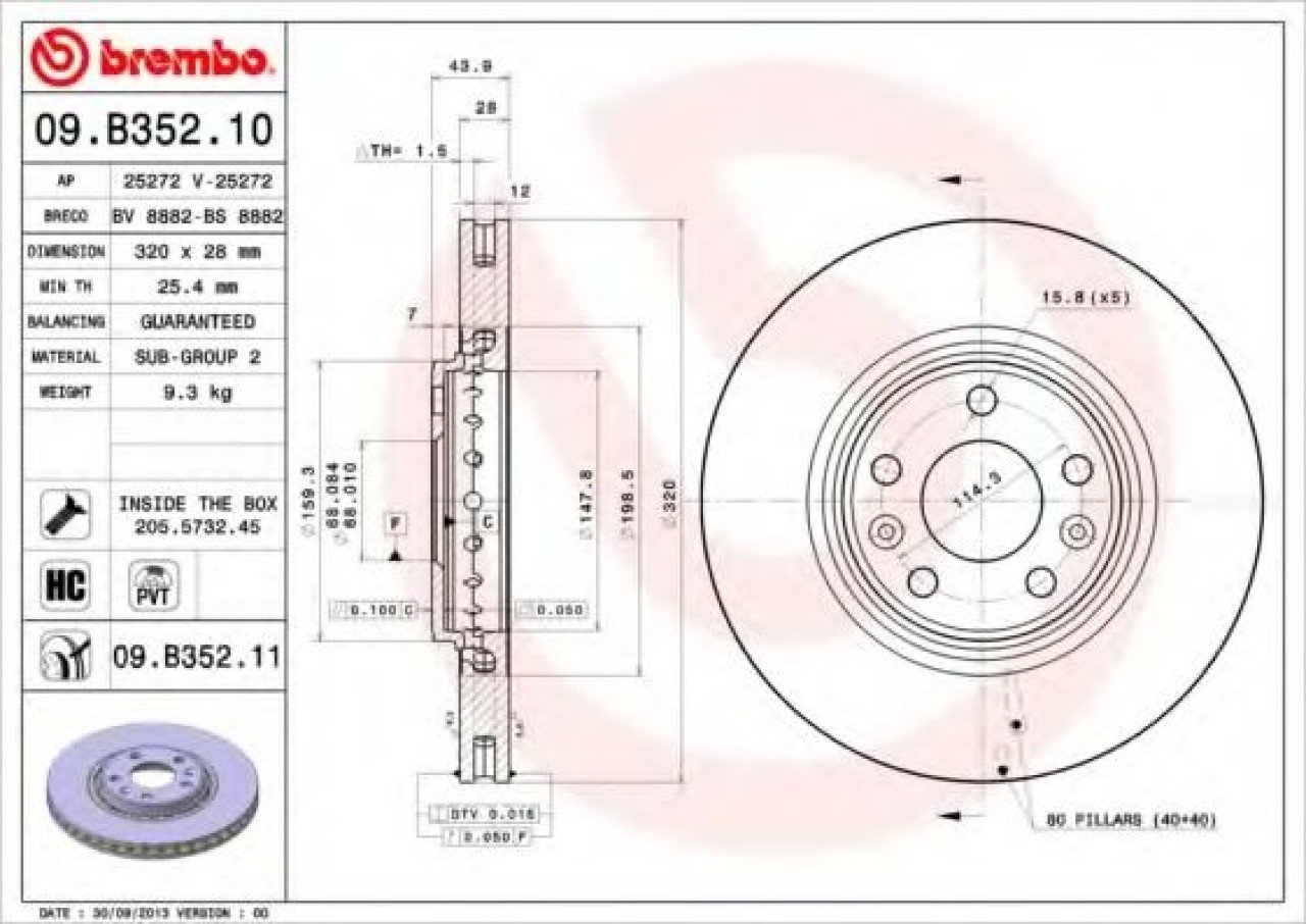 Disc frana RENAULT LAGUNA III Grandtour (KT0/1) (2007 - 2016) BREMBO 09.B352.11 piesa NOUA