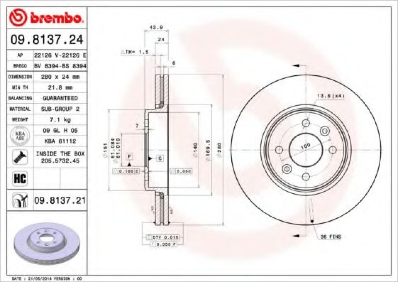 Disc frana RENAULT MEGANE I Classic (LA0/1) (1996 - 2006) BREMBO 09.8137.21 piesa NOUA