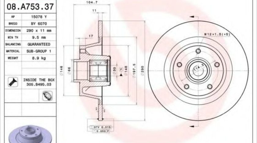 Disc frana RENAULT MEGANE III Cupe (DZ0/1) (2008 - 2016) BREMBO 08.A753.37 piesa NOUA