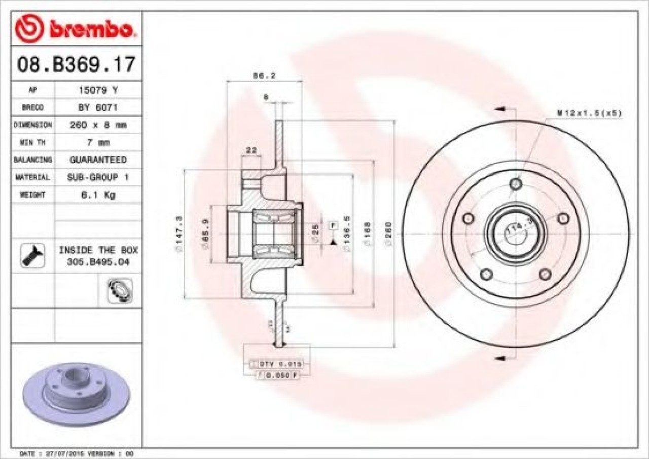 Disc frana RENAULT MEGANE III Hatchback (BZ0) (2008 - 2016) BREMBO 08.B369.17 piesa NOUA