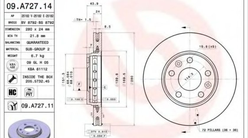 Disc frana RENAULT MEGANE IV (2015 - 2016) BREMBO 09.A727.14 - produs NOU