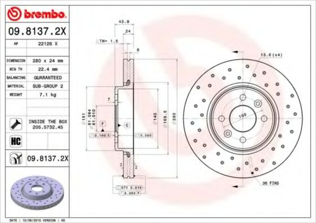 Disc frana RENAULT SCENIC II (JM0/1) (2003 - 2009) BREMBO 09.8137.2X piesa NOUA