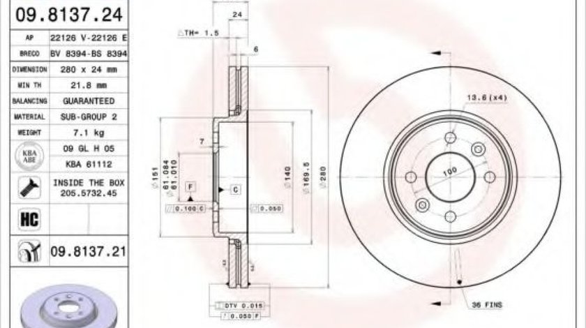 Disc frana RENAULT SCENIC II (JM0/1) (2003 - 2009) BREMBO 09.8137.21 produs NOU