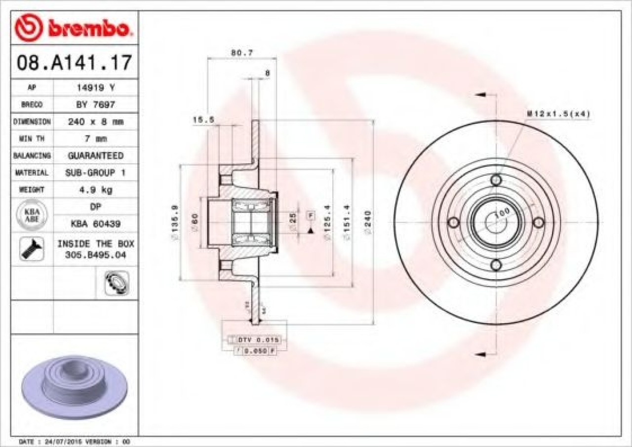 Disc frana RENAULT SYMBOL II (LU1/2) (2008 - 2013) BREMBO 08.A141.17 piesa NOUA