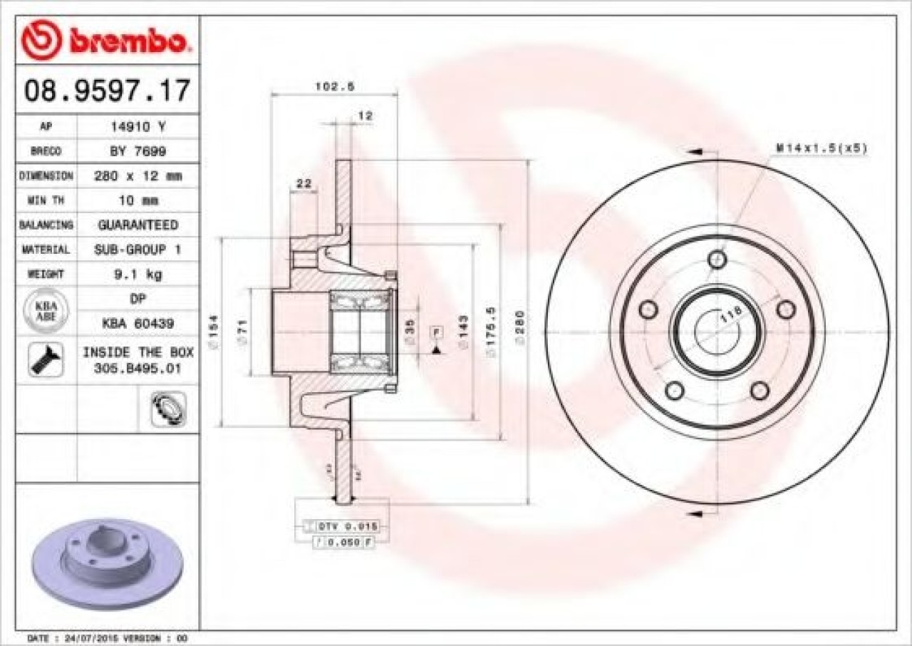 Disc frana RENAULT TRAFIC II bus (JL) (2001 - 2014) BREMBO 08.9597.17 piesa NOUA