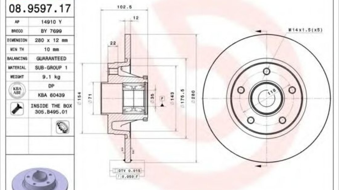 Disc frana RENAULT TRAFIC II bus (JL) (2001 - 2014) BREMBO 08.9597.17 piesa NOUA