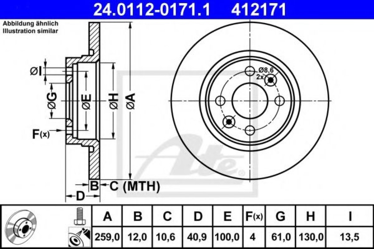 Disc frana RENAULT TWINGO II (CN0) (2007 - 2014) ATE 24.0112-0171.1 piesa NOUA