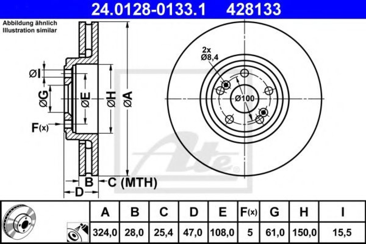 Disc frana RENAULT VEL SATIS (BJ0) (2002 - 2016) ATE 24.0128-0133.1 piesa NOUA