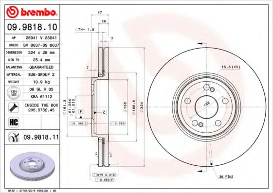 Disc frana RENAULT VEL SATIS (BJ0) (2002 - 2016) BREMBO 09.9818.11 piesa NOUA
