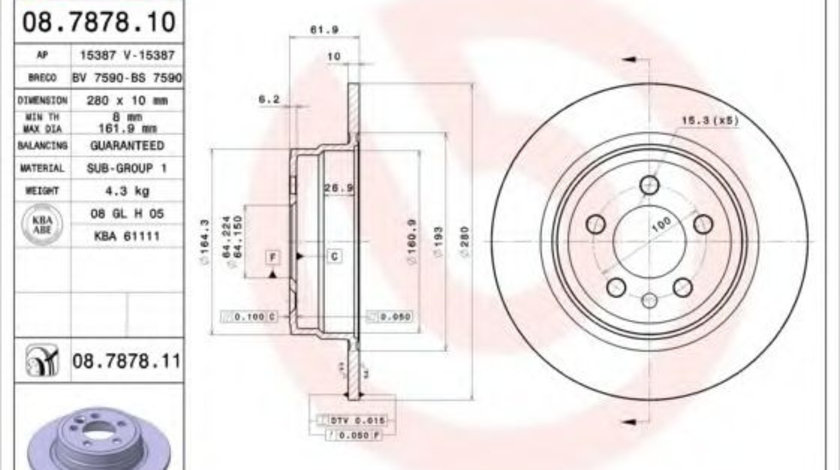 Disc frana ROVER 75 (RJ) (1999 - 2005) BREMBO 08.7878.11 piesa NOUA