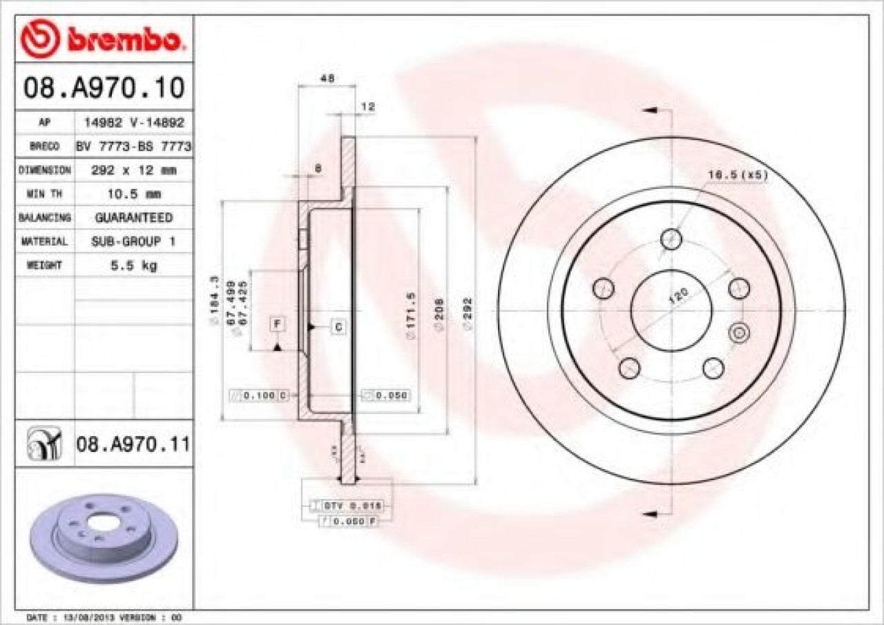 Disc frana SAAB 9-5 (YS3G) (2010 - 2012) BREMBO 08.A970.11 piesa NOUA