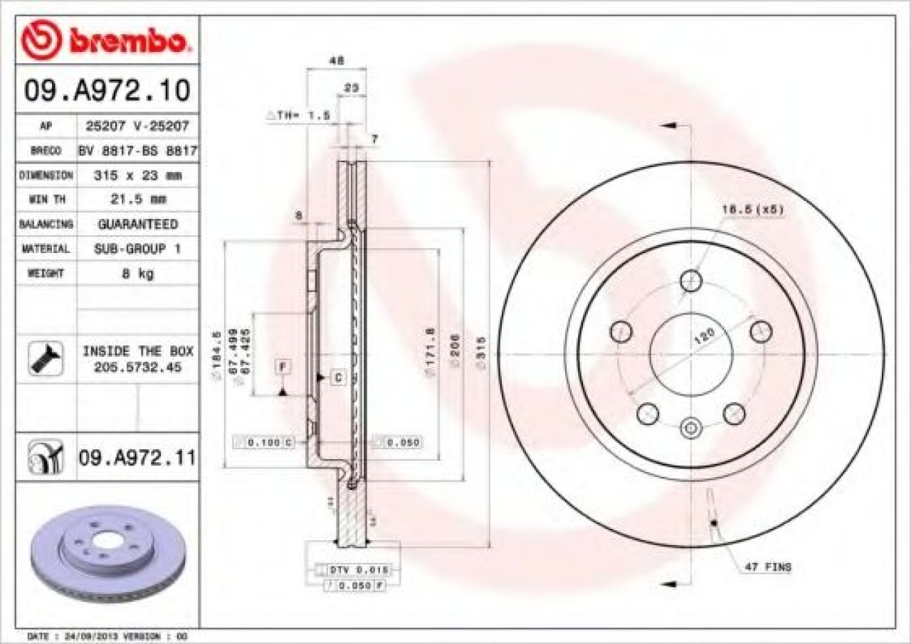 Disc frana SAAB 9-5 (YS3G) (2010 - 2012) BREMBO 09.A972.11 piesa NOUA