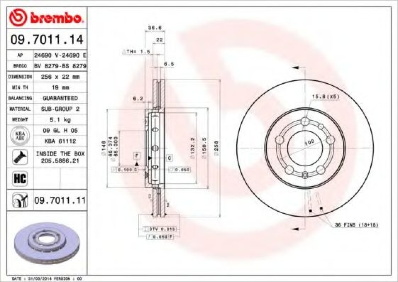 Disc frana SEAT LEON (1M1) (1999 - 2006) BREMBO 09.7011.11 piesa NOUA