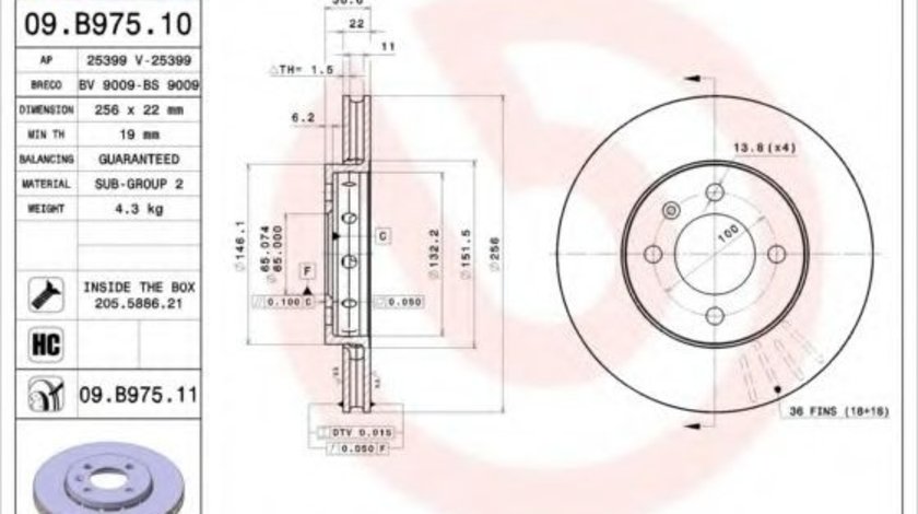 Disc frana SKODA CITIGO (2011 - 2016) BREMBO 09.B975.11 piesa NOUA