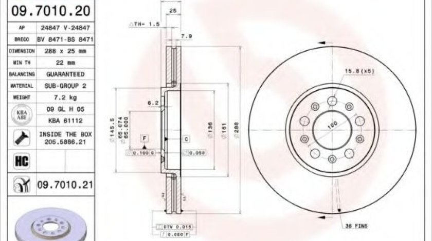 Disc frana SKODA OCTAVIA I (1U2) (1996 - 2010) BREMBO 09.7010.21 piesa NOUA