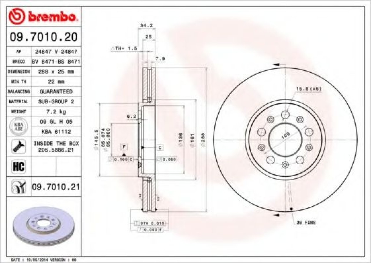 Disc frana SKODA OCTAVIA I Combi (1U5) (1998 - 2010) BREMBO 09.7010.21 piesa NOUA