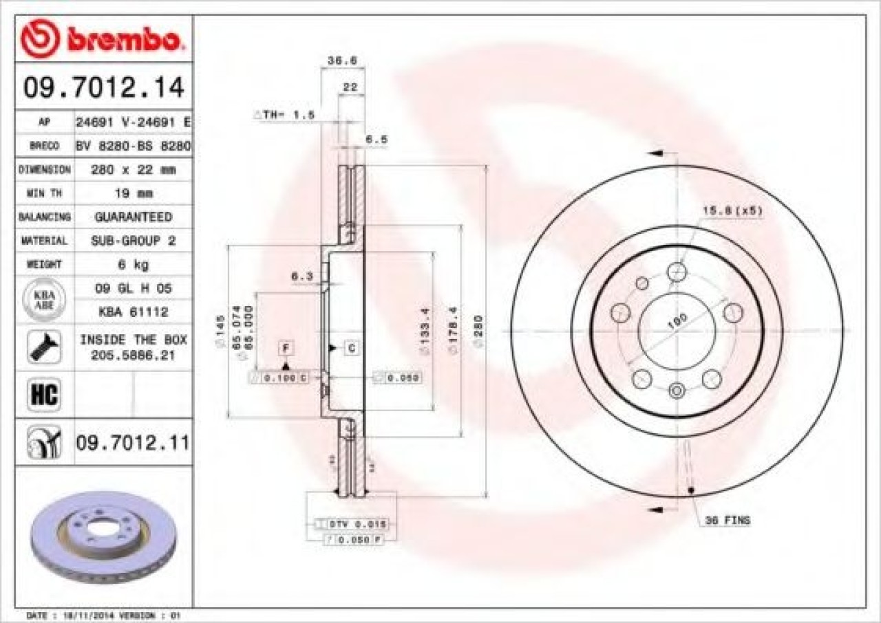 Disc frana SKODA OCTAVIA I Combi (1U5) (1998 - 2010) BREMBO 09.7012.14 piesa NOUA