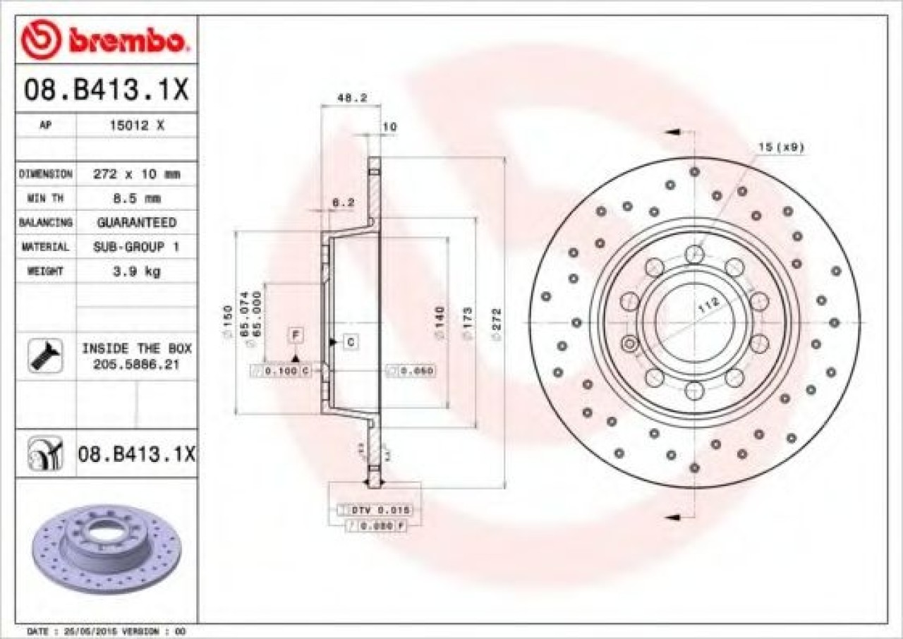Disc frana SKODA OCTAVIA II (1Z3) (2004 - 2013) BREMBO 08.B413.1X piesa NOUA