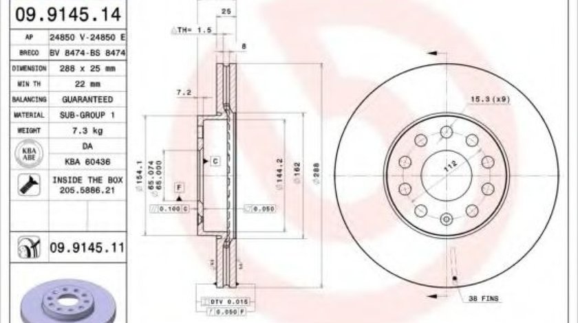 Disc frana SKODA OCTAVIA II (1Z3) (2004 - 2013) BREMBO 09.9145.11 piesa NOUA