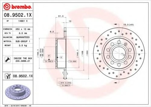 Disc frana SKODA OCTAVIA III Combi (5E5) (2012 - 2016) BREMBO 08.9502.1X piesa NOUA
