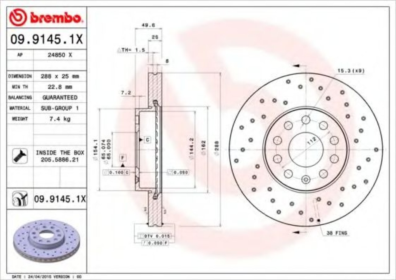 Disc frana SKODA SUPERB II Combi (3T5) (2009 - 2015) BREMBO 09.9145.1X piesa NOUA