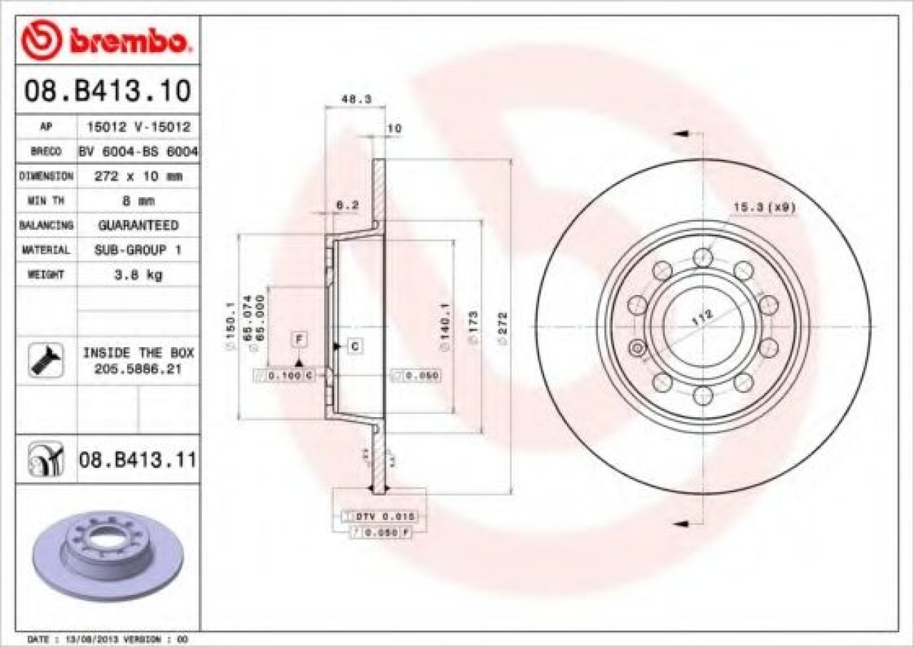 Disc frana SKODA SUPERB II Combi (3T5) (2009 - 2015) BREMBO 08.B413.11 piesa NOUA
