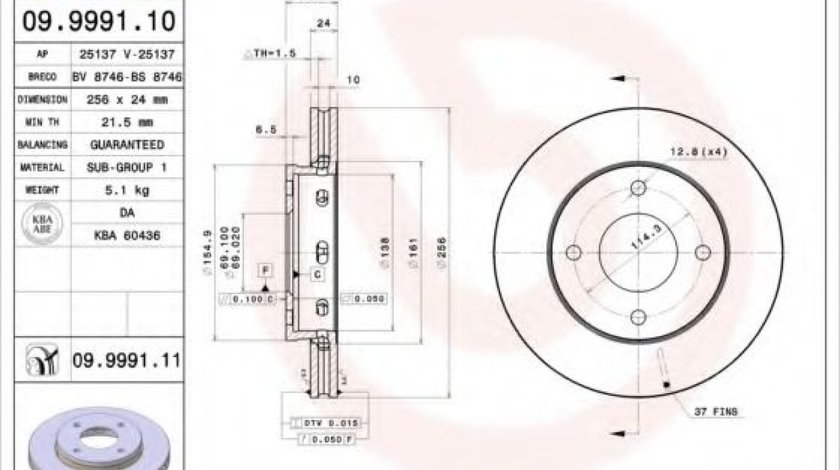 Disc frana SMART FORFOUR (454) (2004 - 2006) BREMBO 09.9991.11 piesa NOUA