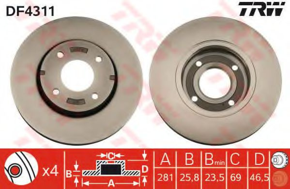 Disc frana SMART FORFOUR (454) (2004 - 2006) TRW DF4311 piesa NOUA