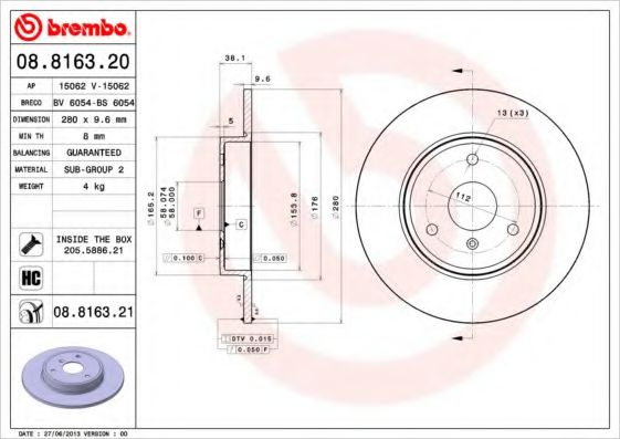 Disc frana SMART FORTWO Cabrio (451) (2007 - 2016) BREMBO 08.8163.21 piesa NOUA