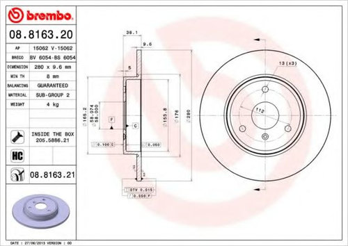 Disc frana SMART FORTWO Cabrio (451) (2007 - 2016) BREMBO 08.8163.21 piesa NOUA