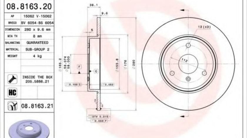 Disc frana SMART FORTWO Cabrio (451) (2007 - 2016) BREMBO 08.8163.21 piesa NOUA